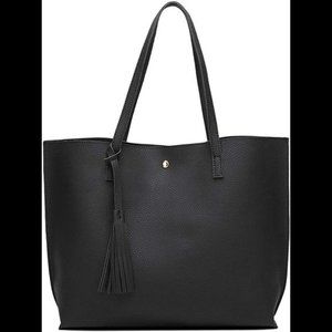 Women's Soft Faux Leather Tote Shoulder Bag (Black)